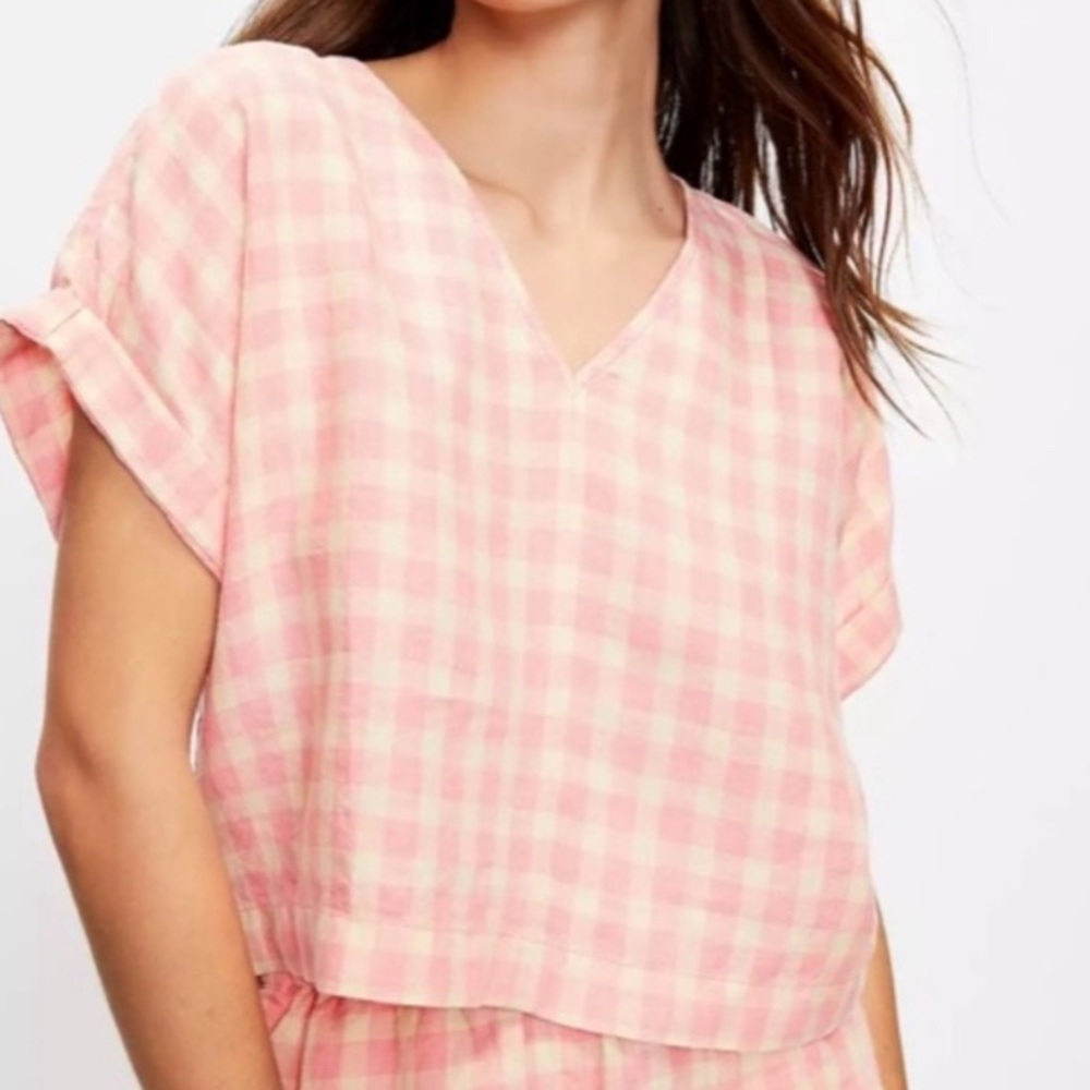 Lou & Grey 100% Linen Pink Gingham Dolman Sleeve Boxy Top Size Extra Small XS